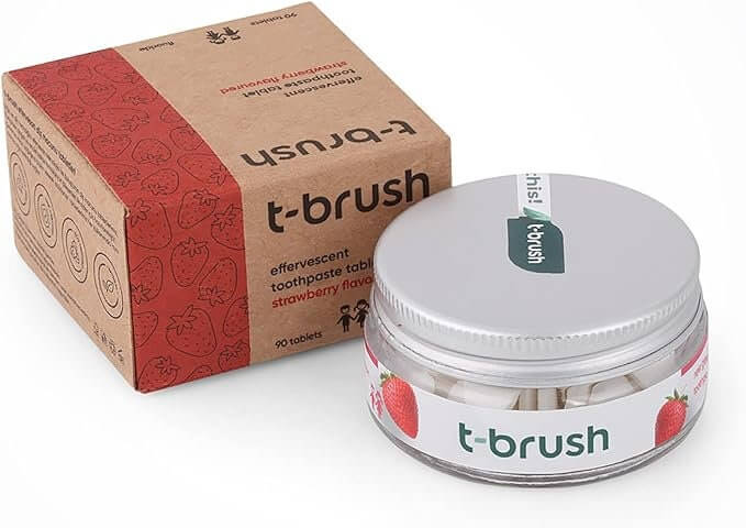 T - Brush Whitening Travel Toothpaste Tablets Natural Ingredients, Strawberry - with Fluoride, Gluten Free, Vegan - 90 Tablets - Docorp