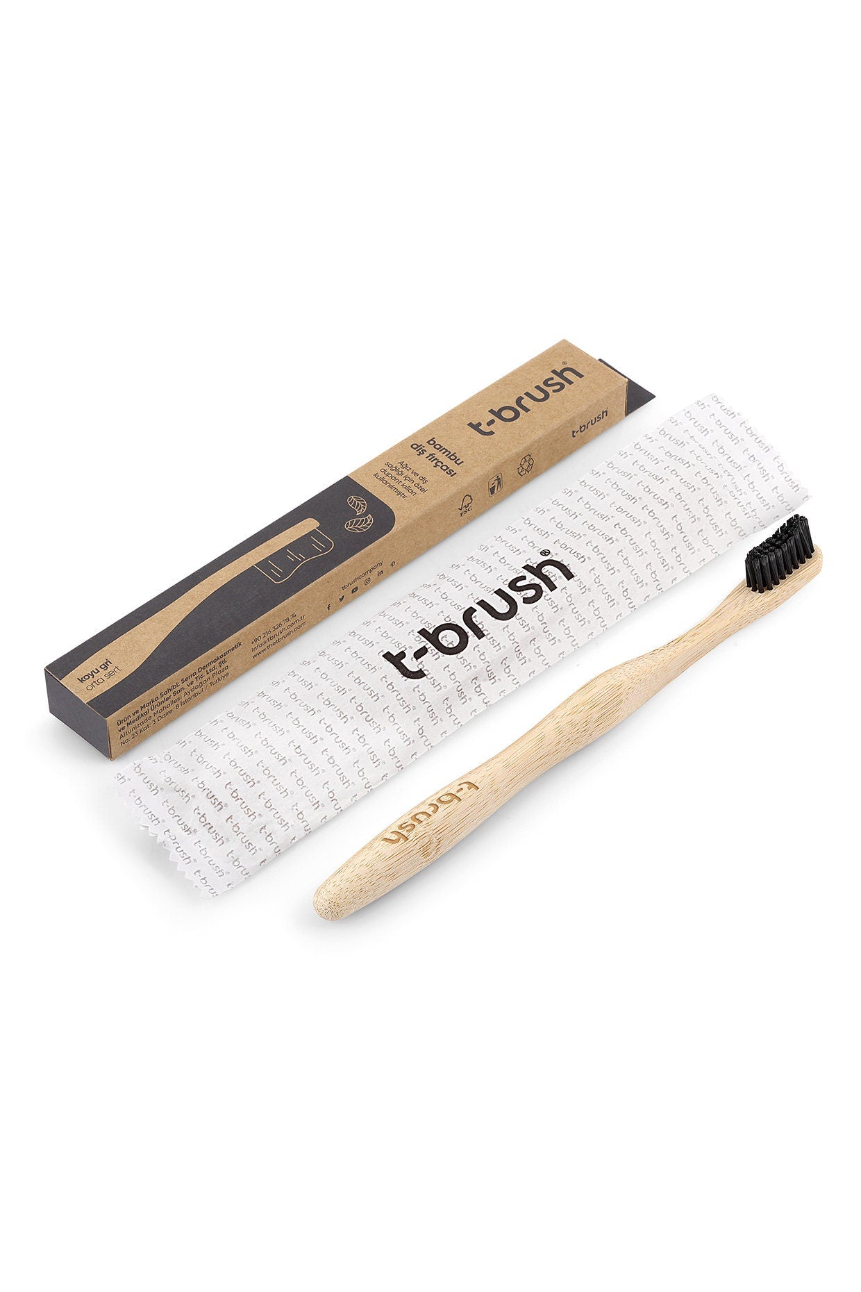 T-Brush Bamboo Toothbrush - Brown - Dark Grey Colour - Medium Hard - Dupont Bristles - Natural Toothbrush - Eco Friendly - Everyday use