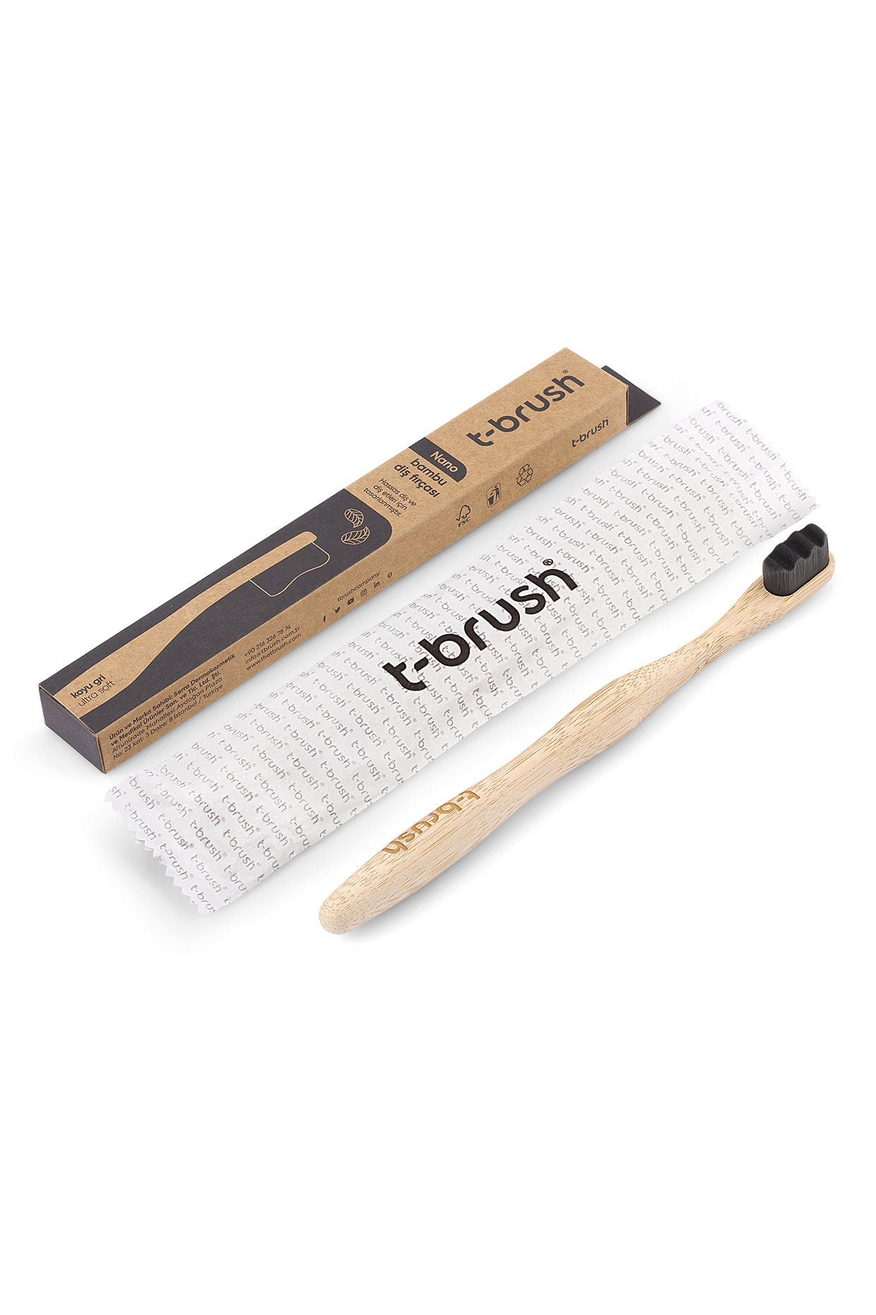 T-Brush Nono Bamboo Toothbrush - White - Dark Grey Colour - Dupont Bristles - Sensitive Teeth -Natural Toothbrush - Eco Friendly - Everyday