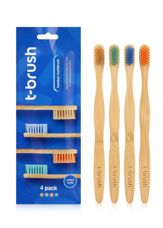 T - Brush Bamboo Toothbrush Medium Hard 4 Pieces - Dupont Bristles - The Best Duo = Dupont + Bamboo - Gift For Christmas - Natural Toothbrush - Docorp