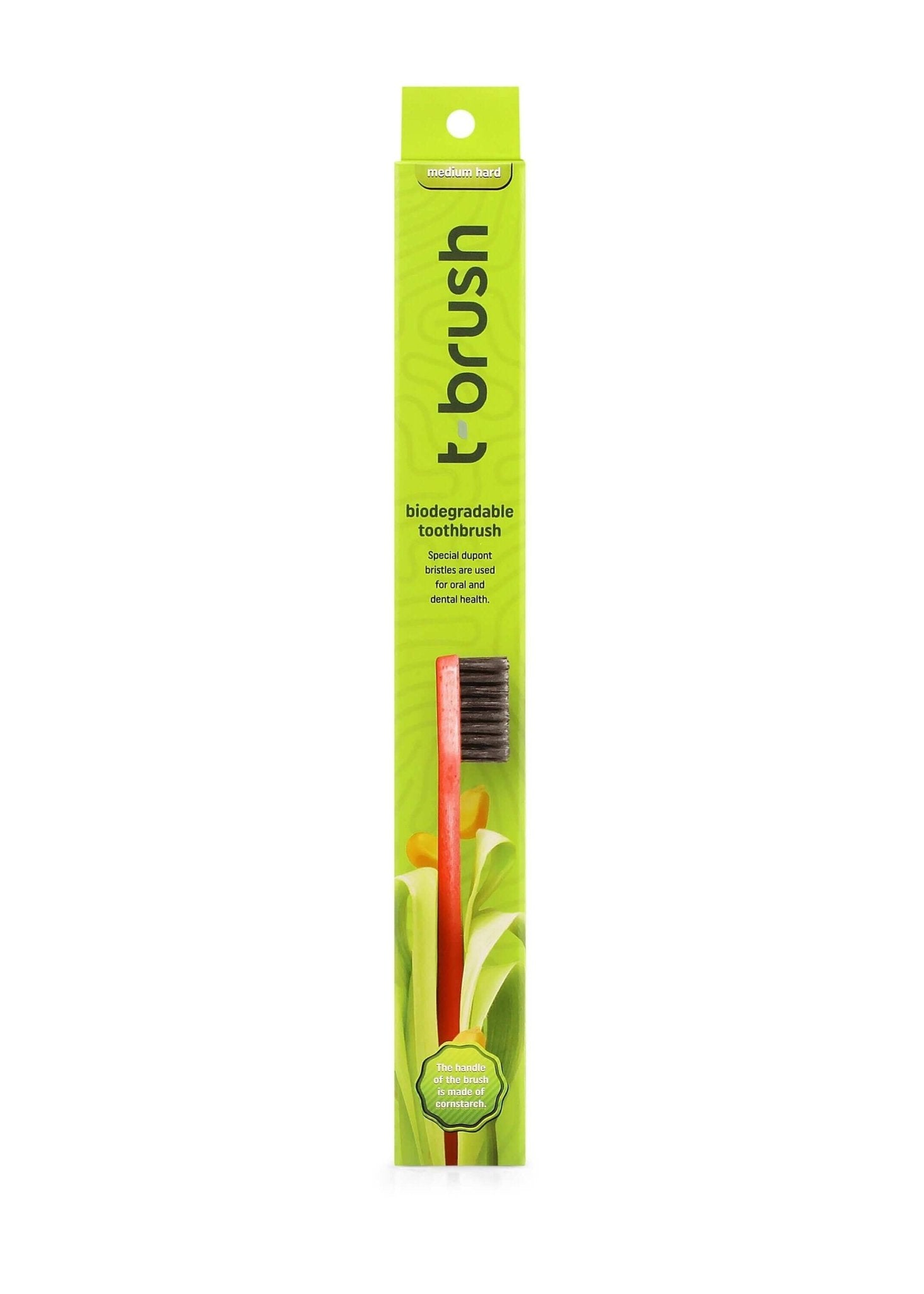 T - Brush Biodegradable Toothbrush - Red - Black Grey Colour - Medium Hard - Dupont Bristles - Docorp