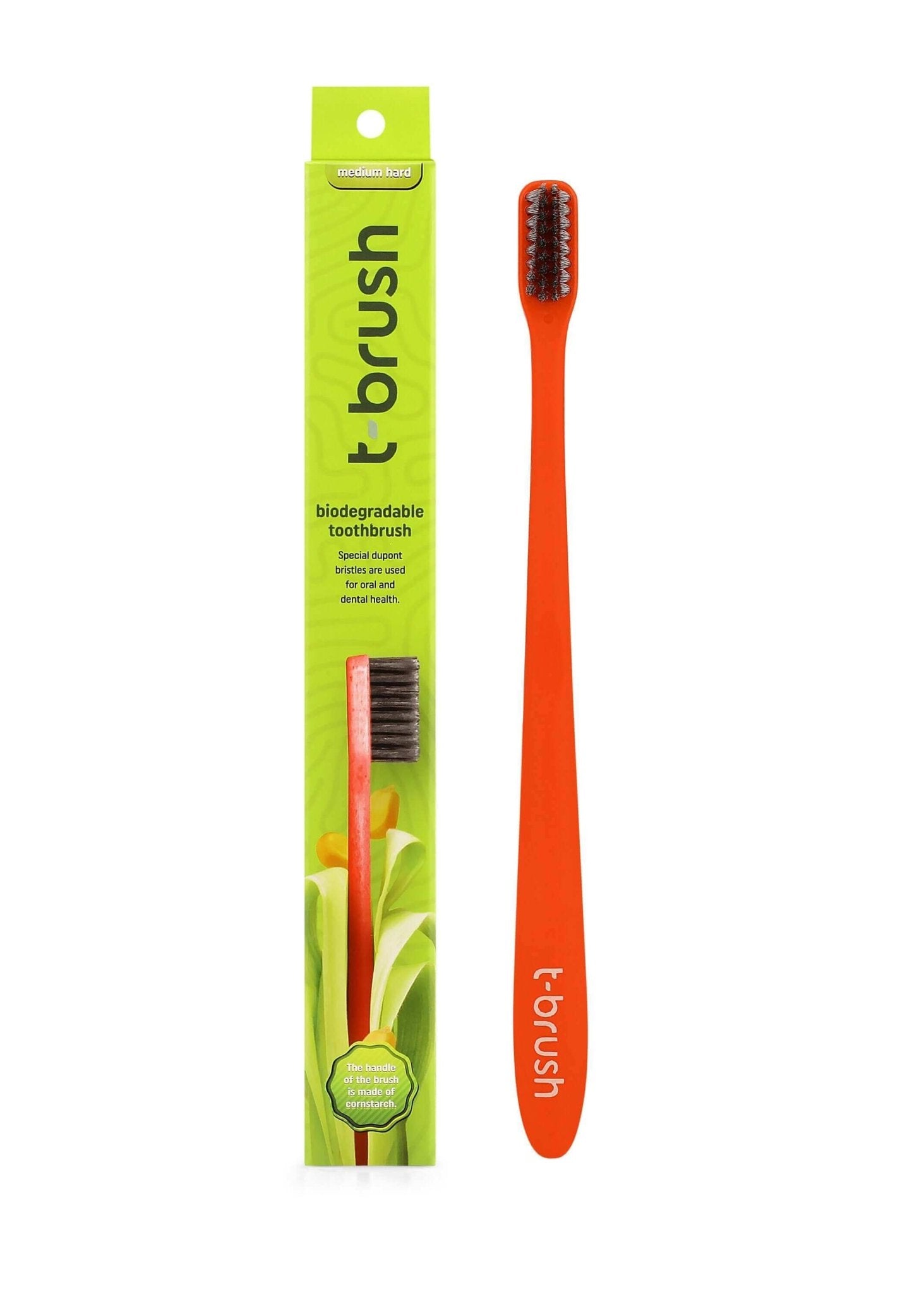 T - Brush Biodegradable Toothbrush - Red - Black Grey Colour - Medium Hard - Dupont Bristles - Docorp