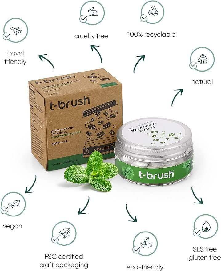 T - Brush Mouthwash for Adults, Floride Free, Mouthwash Fresh Breath Tablets to Help Fight Bad Breath, Zero Waste Alcohol Free 75 Tablets - Docorp