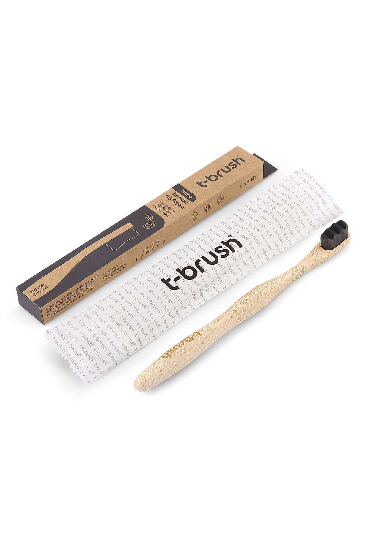 T - Brush Nono Bamboo Toothbrush - White - Dark Grey Colour - Dupont Bristles - Sensitive Teeth - Natural Toothbrush - Eco Friendly - Everyday - Docorp