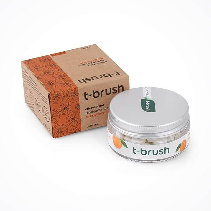 T - Brush Toothpaste Tablets Natural Ingredients, Fluoride Free, Orange Flavoured - Gluten Free, Vegan - 90 Tablets - Docorp