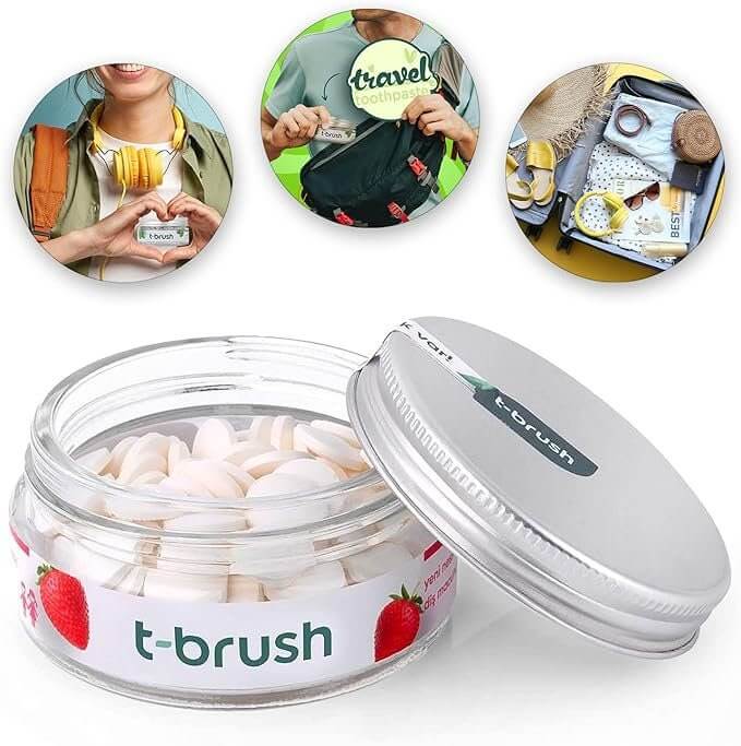 T - Brush Whitening Travel Toothpaste Tablets Natural Ingredients, Strawberry, Fluoride Free, Gluten Free, Vegan - 90 Tablets - Docorp