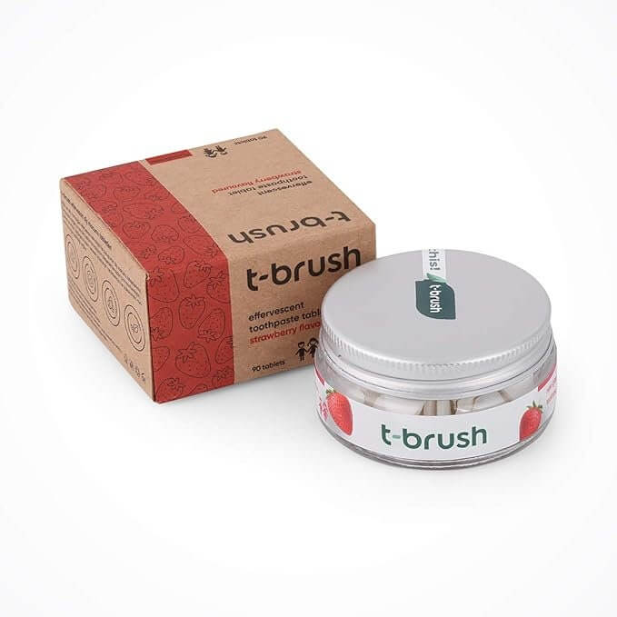 T - Brush Whitening Travel Toothpaste Tablets Natural Ingredients, Strawberry, Fluoride Free, Gluten Free, Vegan - 90 Tablets - Docorp