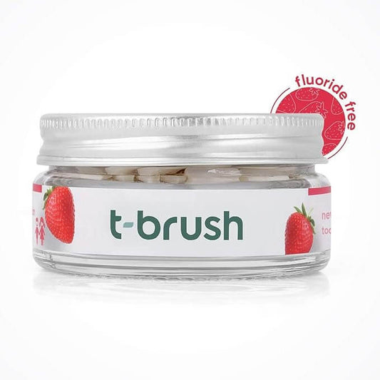 T - Brush Whitening Travel Toothpaste Tablets Natural Ingredients, Strawberry, Fluoride Free, Gluten Free, Vegan - 90 Tablets - Docorp