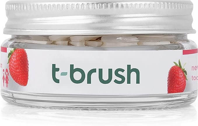 T - Brush Whitening Travel Toothpaste Tablets Natural Ingredients, Strawberry - with Fluoride, Gluten Free, Vegan - 90 Tablets - Docorp